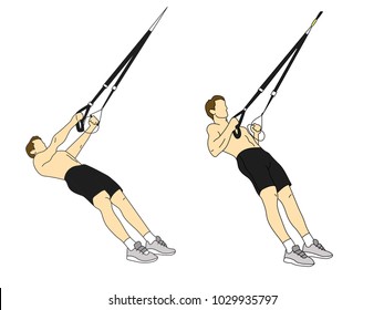 Male suspension training vector illustration. TRX fitness workout isolated design element. Athlete doing pull ups with gym equipment. Sportsman exercising character. Sport and physical activity