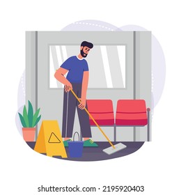  Male sweeper doing work at office illustration concept