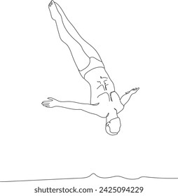 Male swimmer diving into swimming pool vector continuous line illustration. Athlete sportsman diving, isolated on white. Sport theme.