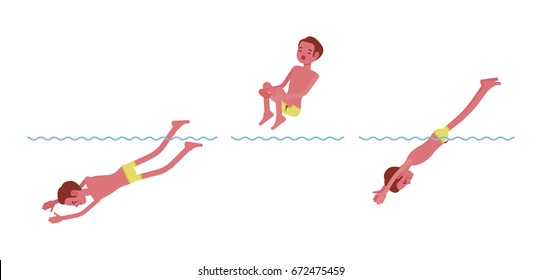 Male Swimmer Jumping Into Water, Cannon Ball, Classic Pool And Sea Swimming Performance, Summer Sport Activity, Lessons For Safe Fun. Vector Flat Style Cartoon Illustration, Isolated, White Background