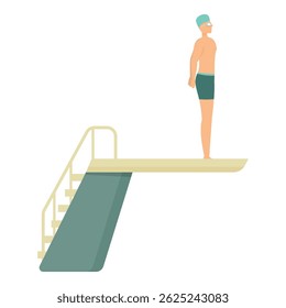 Male swimmer is preparing to jump into the water from a diving board during a swimming competition