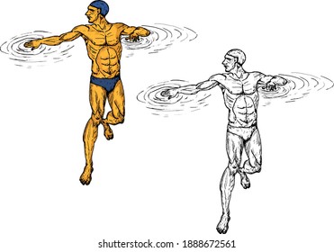 Male swimmer in swimming trunks treading water to float. Hand drawn vector illustration.