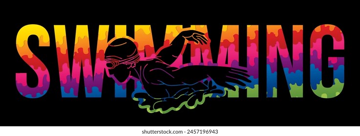 Male Swimming Text with Swimmer Action Cartoon Sport Graphic Vector