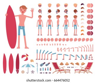 Male swimsuit, sport and summer character creation set. Full length, views, emotions, gestures, tanned skin tones, white background. Build your own design. Vector illustration