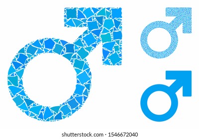 Male symbol composition of humpy pieces in variable sizes and color tints, based on male symbol icon. Vector humpy pieces are combined into composition. Male symbol icons collage with dotted pattern.