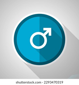 Símbolo masculino, icono azul vectorial de diseño plano con sombra larga