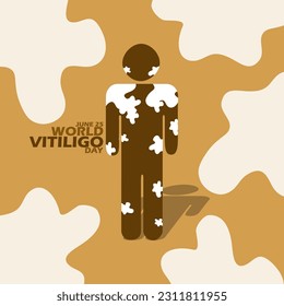 Male symbol icon with white patches on his body due to a disease called Vitiligo and bold text on light brown background to commemorate World Vitiligo Day on June 25