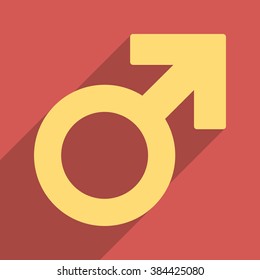 Male Symbol long shadow vector icon. Style is a flat light symbol on a red square background.
