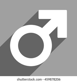 Male Symbol long shadow vector icon. Style is a flat male symbol white iconic symbol on a gray square background.