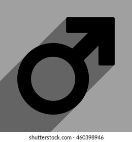 Male Symbol long shadow vector icon. Style is a flat male symbol black iconic symbol on a gray square background with longshadow.