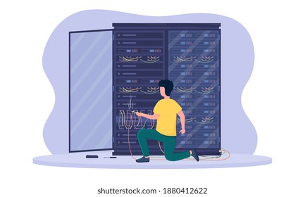 Male system administrator is connectig cables in server room. Concept of technologies server maintenance support. Flat cartoon vector illustration