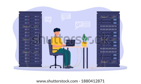 Male system administrator is working on laptop in server room. Concept of technologies server maintenance support. Flat cartoon vector illustration