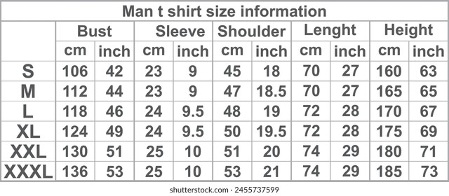 Male t shirt sizes information. vector