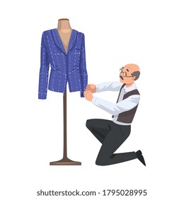 Male Tailor Adjusting Jacket on Mannequin, Clothing Designer Tailor Working at Atelier Creating Outfit Vector Illustration