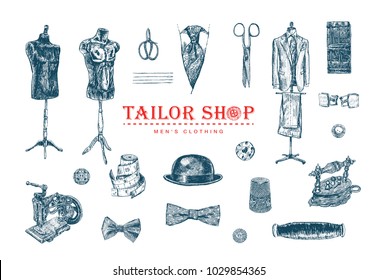 Male tailor shop. Tailor shears, needle and thread, spool of thread, Sewing Machine, thimble, sartorial meter, buttons, pin-cushion, tambour.  Men Clothing. Hand drawn sewing tools