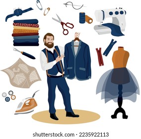 Male tailor with stylish clothes and set of professional items o