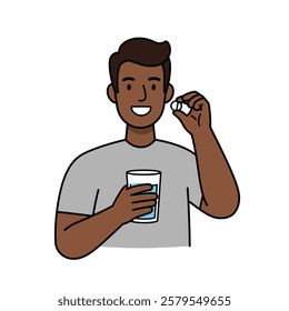 A male taking a vitamin pill with a glass of water on a white background