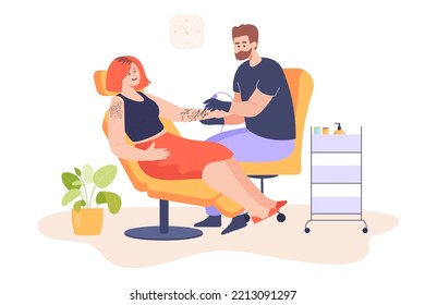 Male tattooist doing tattoo on woman. Female person getting tattooed by tattoo artist or tattooer flat vector illustration. Tattoo salon concept for banner, website design or landing web page