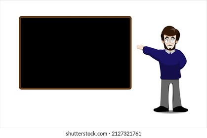 Male teacher with beard and glasses in casual clothes pointing to a chalkboard, copy space ready.