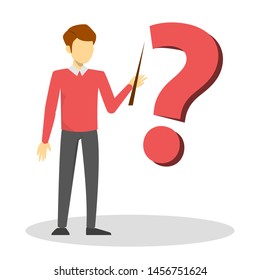 Male teacher and big question mark vector isolated. Person confused. Professor ask question. School and education, professional occupation.