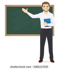 Male teacher at blackboard with copy space showing vector illustration