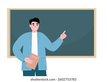 Male teacher at the blackboard explains the lesson. Vector flat graphics.