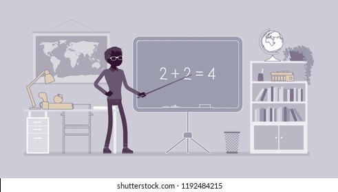 Male Teacher At Blackboard. School, University, College Worker, At Lesson In Classroom. Professional Education And Learning. Vector Flat Style And Line Art Cartoon Illustration, Black Silhouette