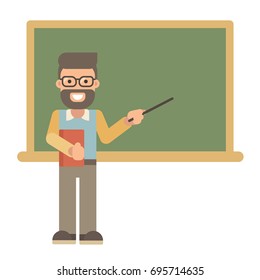 Male teacher with a book and a pointer near a blackboard. Teacher's Day. Back to school