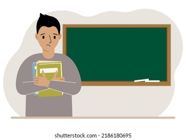 Male teacher with books on the background of the school board. Vector flat illustration