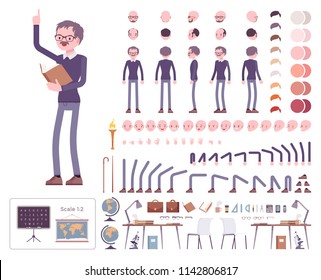 Male teacher character creation set. School, universirty or college profi worker. Full length, different views, emotions, gestures. Build your own design. Vector illustration