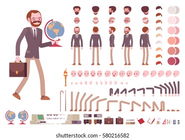 Male Teacher Character Creation Set. Full Length, Different Views, Emotions, Gestures, Isolated Against White Background. Build Your Own Design. Cartoon Flat-style Infographic Illustration