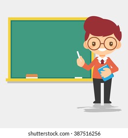 male teacher character in front of blackboard