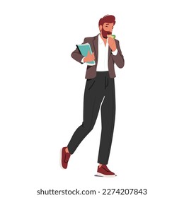 Personaje De Maestra Masculino Con Libros Mientras Comía En La Marcha. El Concepto De La Escuela Tutor Ocupado Estilo De Vida, Educación, Enseñanza O Aperitivos Saludables En Movimiento. Ilustración de vectores de personas de caricatura