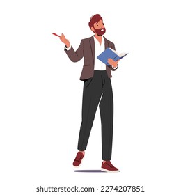 Personaje De Maestra Masculino Con Un Libro Abierto Mientras Realiza Una Lección En La Escuela. Concepto de educación, enseñanza, aprendizaje o formación con lectura de conferenciantes masculinos. Ilustración de vectores de personas de caricatura