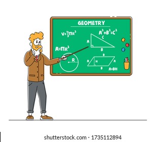 Male Teacher Character with Pointer Explain Geometry Lesson Stand at Blackboard with Formulas and Tasks Written with Chalk. School or College Education, Class, Knowledge. Linear Vector Illustration