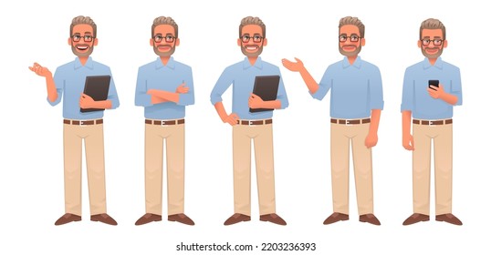 Male teacher character set. The teacher points with his hand at something, poses, looks at the smartphone. Vector illustration in cartoon style