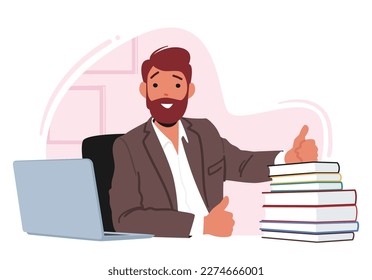 Carácter Maestro Masculino Sonriente Y Mostrando Gesto Grueso mientras se sienta en el escritorio con Laptop y Pile De Libros. Entorno Educativo Positivo, Concepto Docente. Ilustración de vectores de personas de caricatura