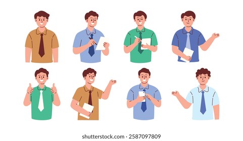 Male Teacher Character Taking Notes, Presenting, and Pointing Something