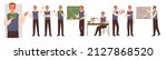 Male teacher characters with different poses set vector illustration. Cartoon man with glasses teaching math at school lesson or lecture, pointing to class blackboard, holding book isolated on white