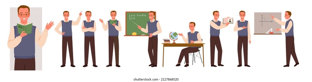 Male teacher characters with different poses set vector illustration. Cartoon man with glasses teaching math at school lesson or lecture, pointing to class blackboard, holding book isolated on white