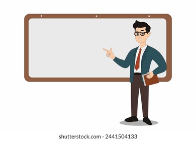 Male teacher in class. Concept of learning, advanced training, or teaching methodology. School teacher standing at the blackboard in class. Lecturer teaches in class. Professor at the blackboard