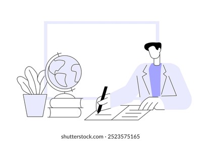 Male teacher in classroom. Pedagogue man sitting at table and checking homework. Flat vector style.