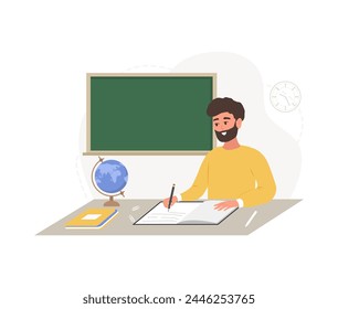 Male teacher in classroom. Pedagogue sitting at table and checking homework. School and college concept. Vector illustration in flat cartoon style.