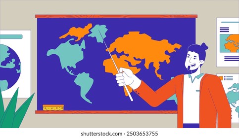 Male teacher conducting geography lesson cartoon flat illustration. Caucasian man showing world map on blackboard 2D character colorful background. School education scene vector storytelling image