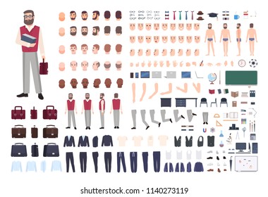 Male teacher constructor or DIY kit. Collection of teaching professor's body parts, hand gestures, clothing isolated on white background. Front, side and back views. Cartoon vector illustration.