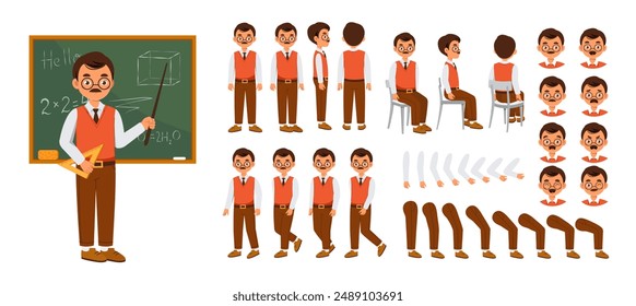 Male teacher constructor set. Man with pointer near chalkboard. Guy in different poses and angle of views. Pack of legs, arms and heads to create animation. Lesson and lecture. Flat vector collection