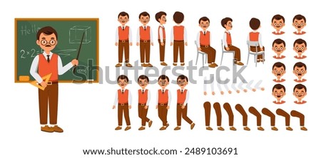 Male teacher constructor set. Man with pointer near chalkboard. Guy in different poses and angle of views. Pack of legs, arms and heads to create animation. Lesson and lecture. Flat vector collection