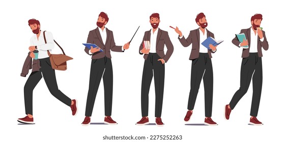 Male Teacher Depicted In Dynamic Poses With Pointer, Books, Eating Sandwich, Hurry at Work Isolated on White Background. Tutor Man Character Lifestyle and Routines. Cartoon People Vector Illustration