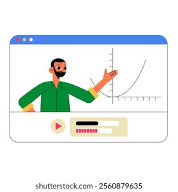 Male Teacher Explaining Graph In Flat Vector Illustration Symbolizing Online Learning, Mathematics, And Data Representation, Isolated On White Background