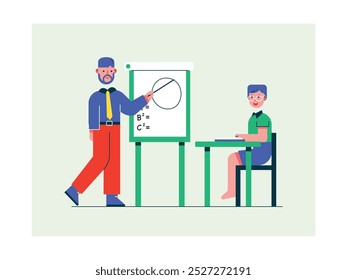 Male teacher explaining math to male student, homeschooling activity class. Character design. Vector flat illustration